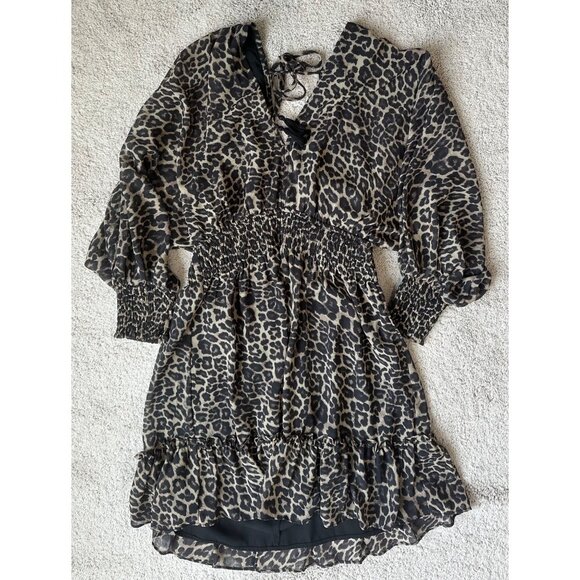 Lovestitch Leopard Print V-Neck Long Sleeve Open Back Ruffle Hem & Smocked Waist - Picture 9 of 16